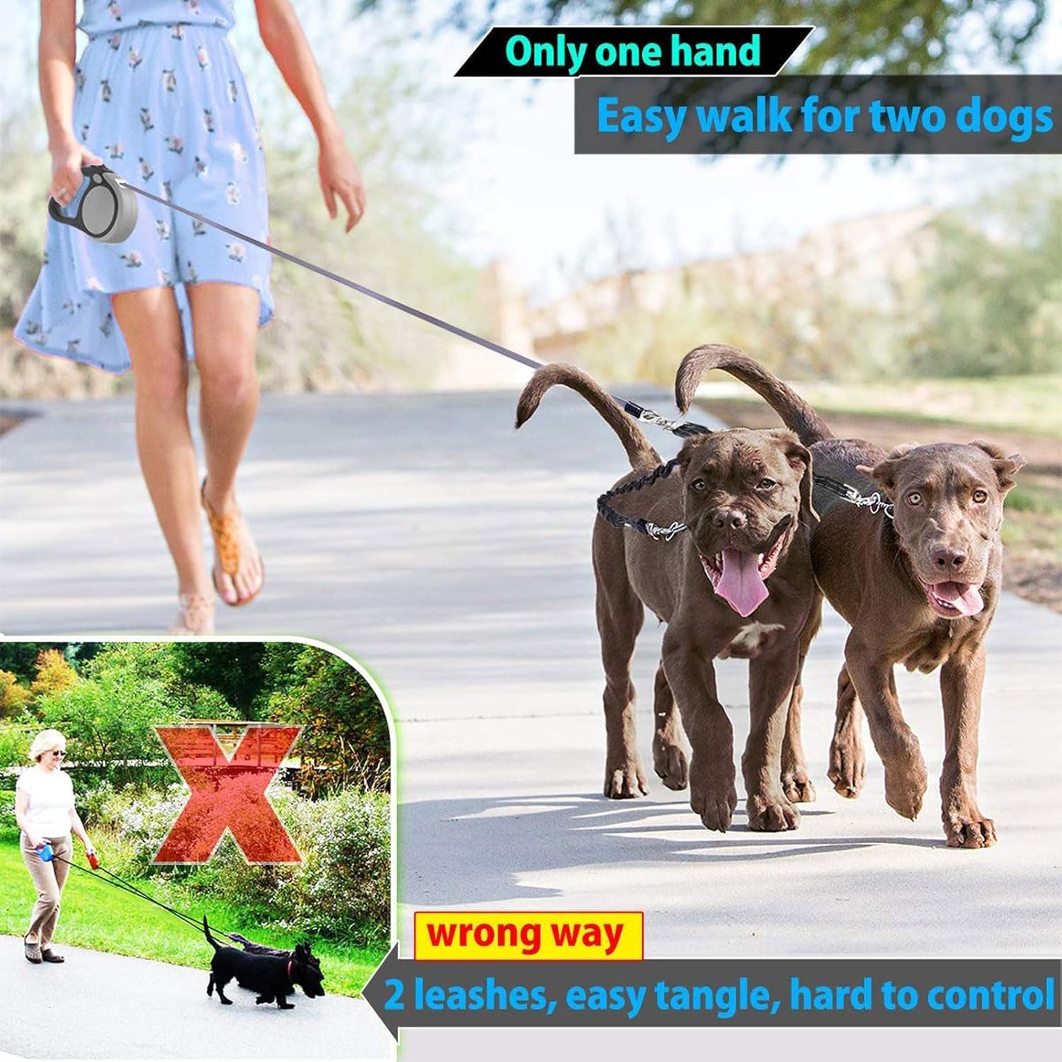 Double Retractable Dog Leash for Two Dogs up to 50 Lbs per - 16 Ft Coupler Dog Leashes for Small Medium - One Locked System, Non Slip Grip, Tangle Free