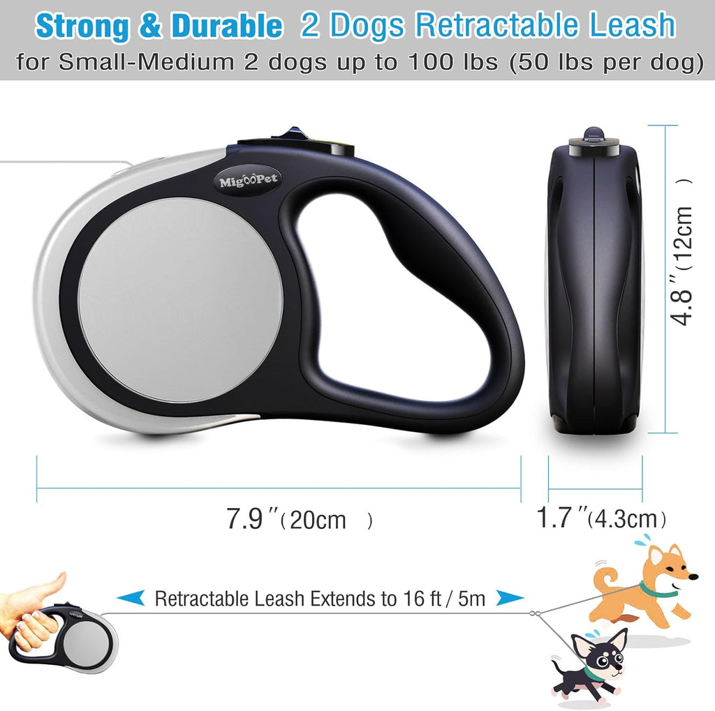 Double Retractable Dog Leash for Two Dogs up to 50 Lbs per - 16 Ft Coupler Dog Leashes for Small Medium - One Locked System, Non Slip Grip, Tangle Free