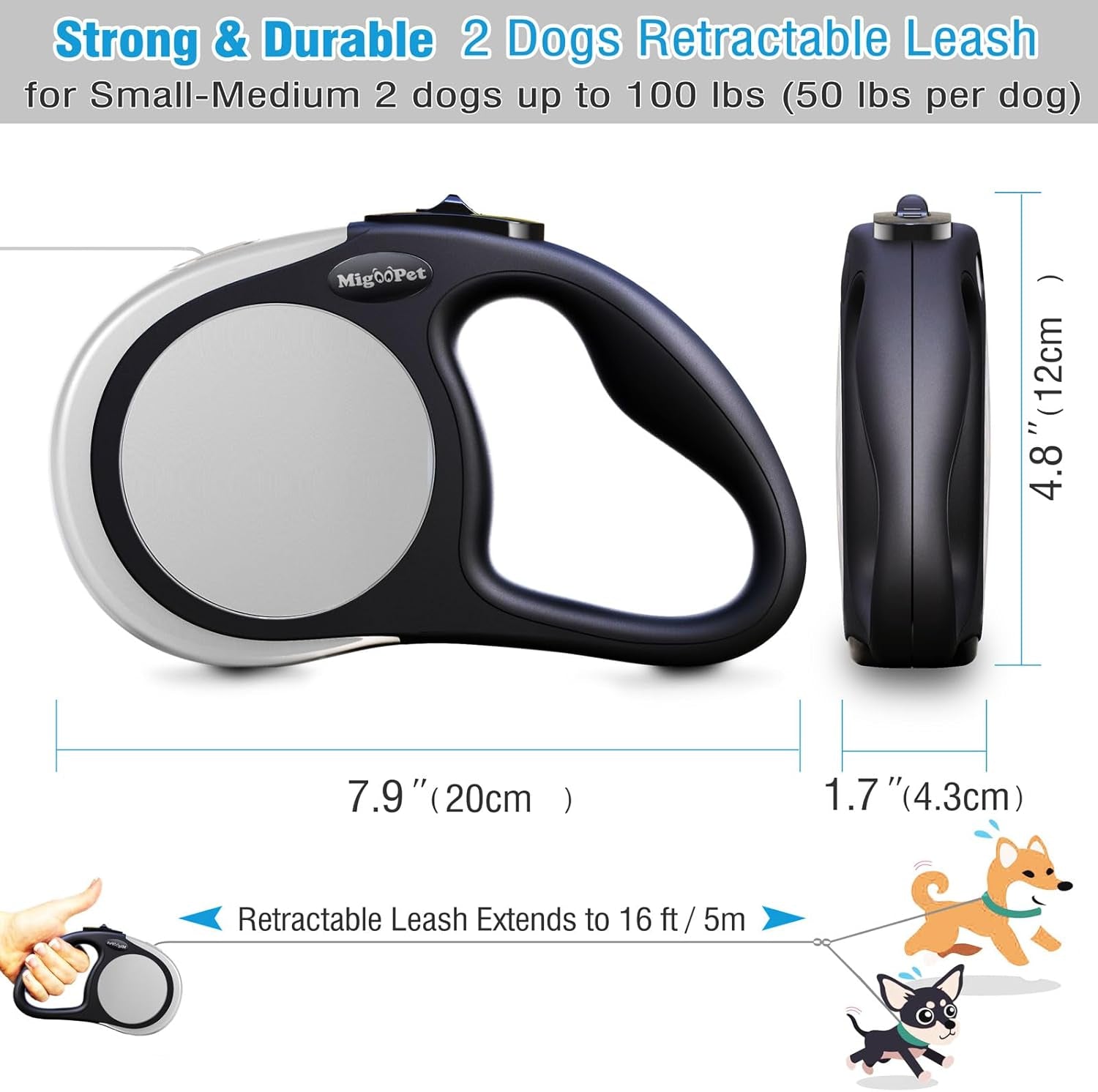 Double Retractable Dog Leash for Two Dogs up to 50 Lbs per - 16 Ft Coupler Dog Leashes for Small Medium - One Locked System, Non Slip Grip, Tangle Free