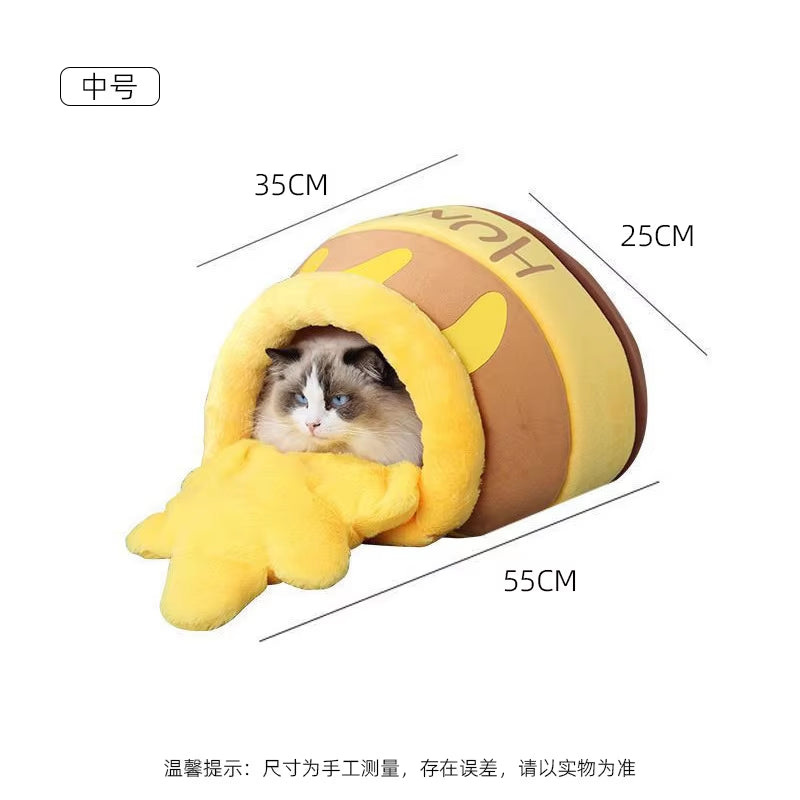Cat Bed Warm Comfortable Kennel Nest Pet Cat Bed Soft Removable Cushion Nonslip Bottom Cartoon Washable House Honey Pot Cave